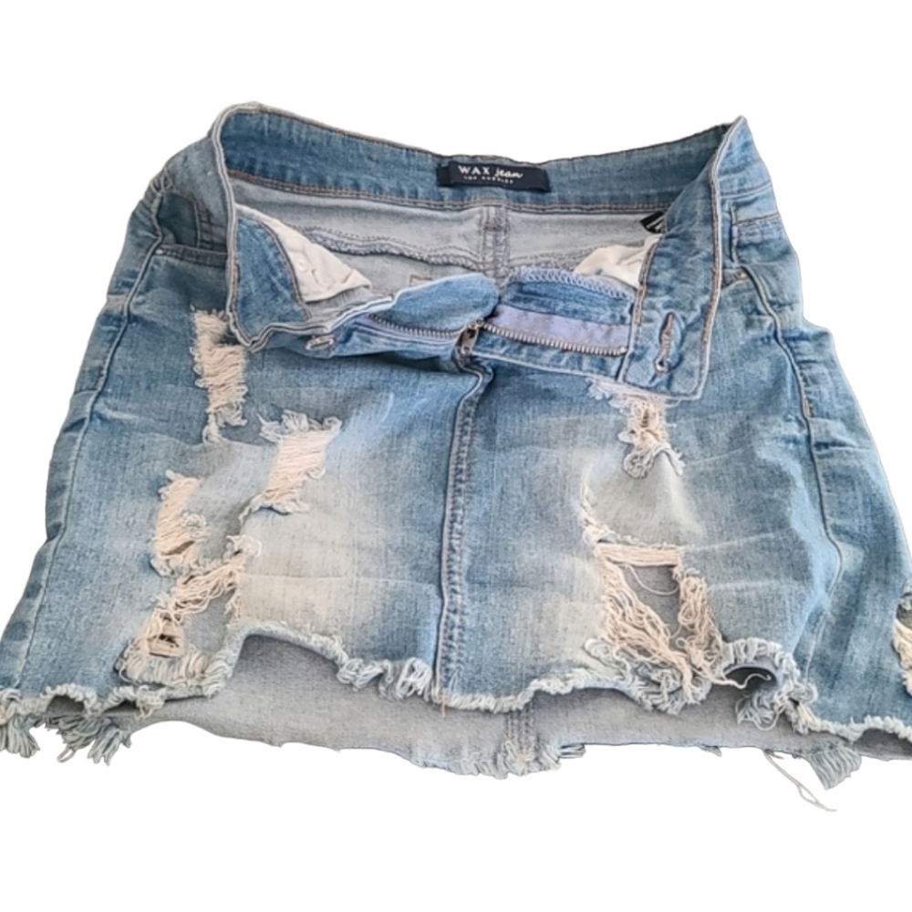 WAX JEAN Distressed Cut Off Jean Skirt S M Ripped Destroyed Denim Raw Hem Frayed - Picture 10 of 15